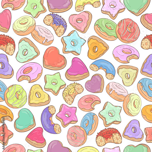 Donuts seamless pattern. Colorful yummy donuts background. Sweet food  delicious food illustration. Bakery shop cafe wallpaper. Color doughnut different color and shape. Donuts print. Doughnut glazed