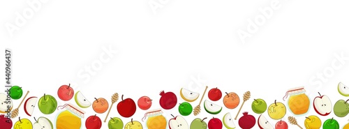 Rosh Hashanah Jewish New Year background. Jewish Holiday Rosh Hashanah frame. Honey, apples, pomegranate, Shana Tova. For lettering, text, Invitation, greeting card. Rosh Hashanah banner, border.
