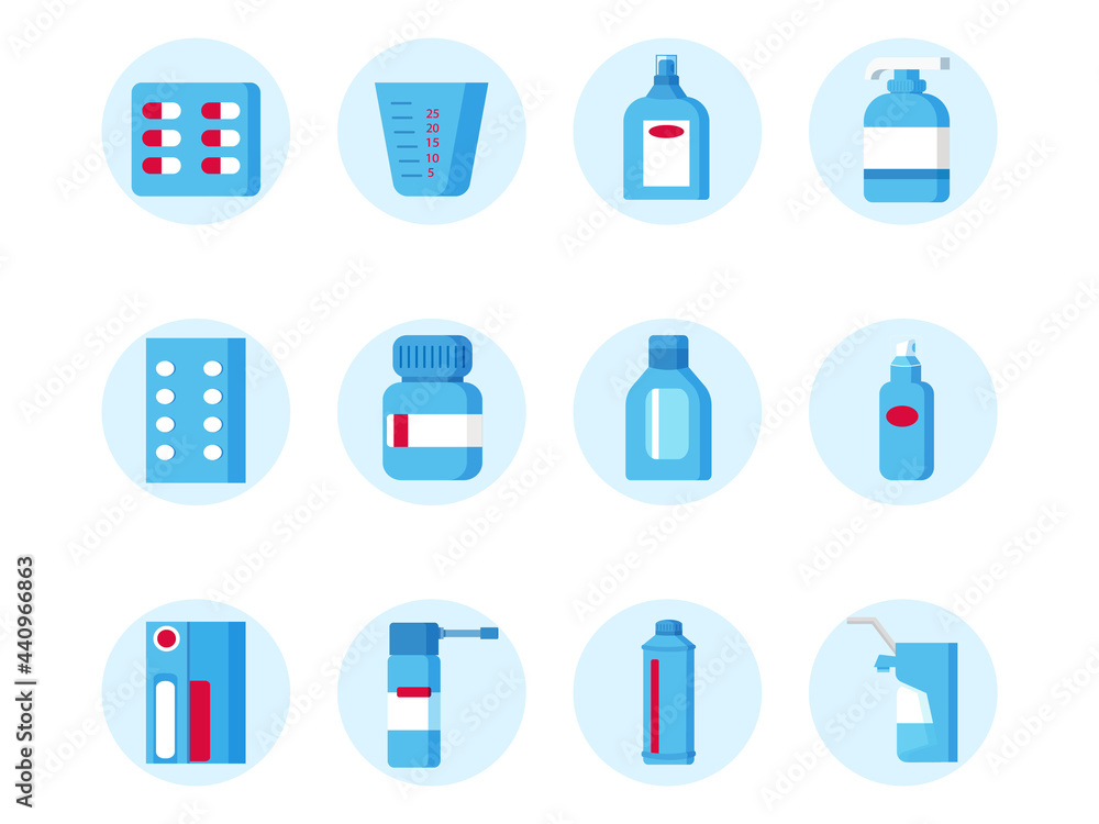 Sanitizer, medicine bottle with medicines, spray and measuring cup. Bottles for drugs,tablets,capsules,prescriptions and vitamins icons set.