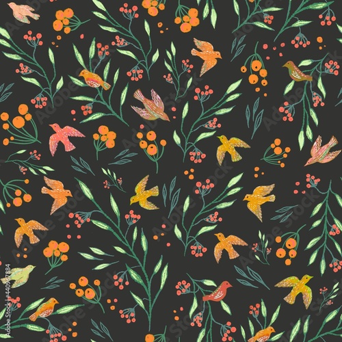 Floral and birds pattern on a dark background 