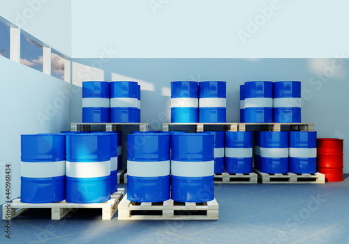 Blue barrels for chemistry. Barrels for oil products pallets. White and blue metal barrels. They store toxic chemical products. Oil products warehouse with windows. Storage of oil. 3d visualization