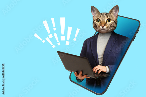 Business man with head of a cat. Art portrait of guy with a cat face. He looks out ofsmartphone screen. Portrait of a business man in magazine style. Blue art illustration on theme of business man photo