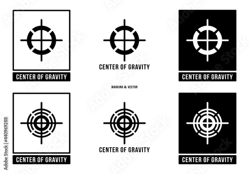 A set of manipulation symbols for packaging cargo products and goods. Marking - Center of gravity .The center of gravity of the load does not coincide with the geometric center of gravity. Vector 