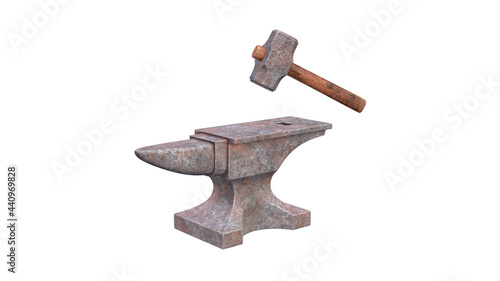Rusty anvil and hammer isolated on white background. 3d render illustration photo