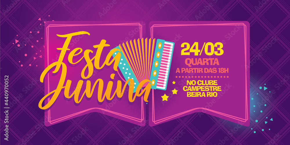 Fototapeta premium Traditional Party in Brazil. Festa de Sao Joao. Local Cultural Event. Brazilian Winter June Celebration. Typographic Vector Art. Colorful composition.