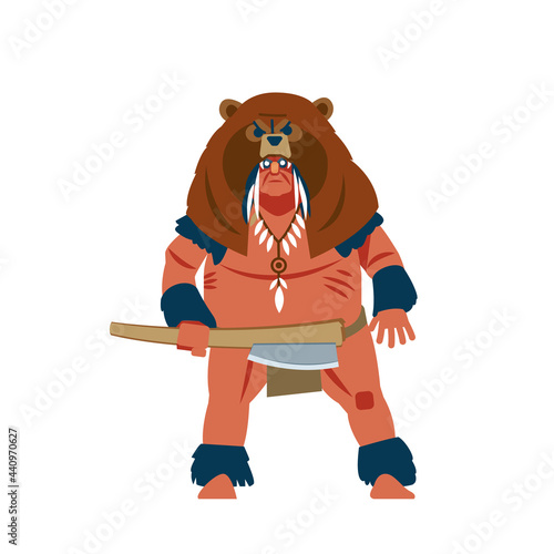 Warrior of South America, Mayan, Aztec or Inca Barbarian warrior with war mask, wearing a bear helmet and with the traditional weapon. Flat, cartoon style vector illustration isolated on white.