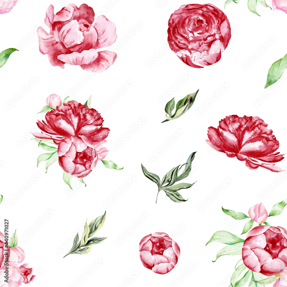 Watercolor bright red peonies seamless pattern for fabric. Watercolor peonies floral pattern repeat floral background for apparel, wallpaper, wrapping paper, home decor