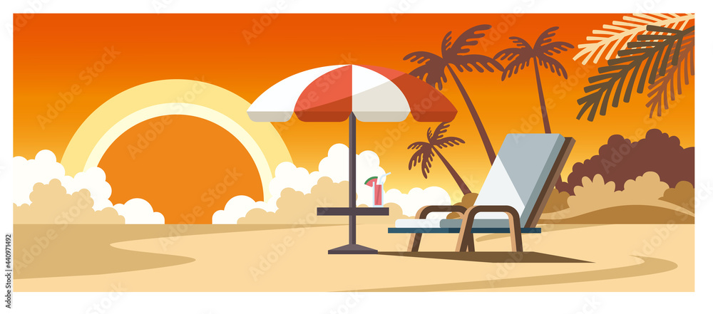 Obraz premium 夕日の砂漠とビーチチェアのイラスト素材