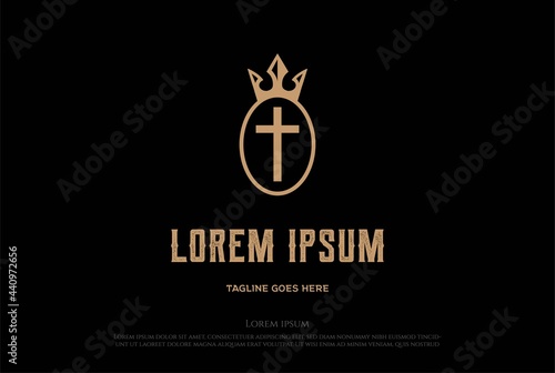 Elegant Luxury Golden King Crown with Jesus Christian Cross for Church Chapel Logo Design Vector