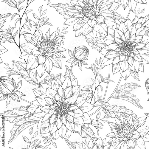 Seamless pattern with hand drawn chrysanthemums. Black and white