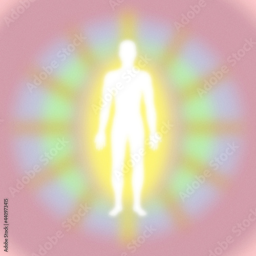 Soft textured retro, muted pink, green rainbow aura layers, energy field with human figure  - grainy gradient, high resolution square background photo