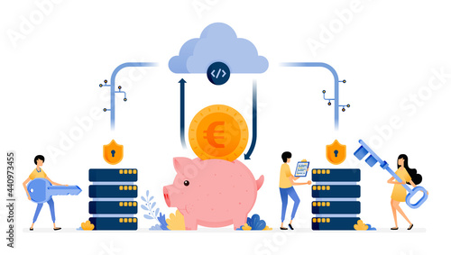Vector Design of database and cloud banking security system technology to protect customer personal data and funds. illustration Can be for websites, posters, banners, mobile apps, web, social media