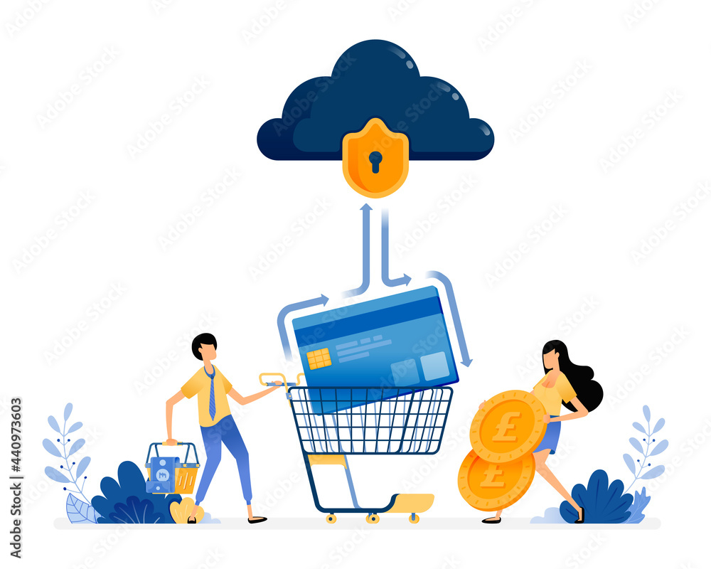 Vector Design of credit card banking security. people holding coins and shopping baskets. financial data protection. illustration Can be for websites, posters, banners, mobile apps, web, social media Vector Design of credit card banking security. people holding coins and shopping baskets. financial data protection. illustration Can be for websites, posters, banners, mobile apps, web, social media