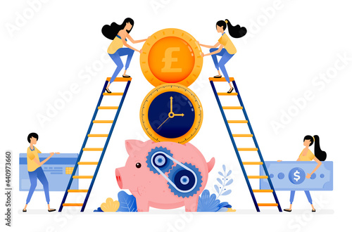 Vector Design of best time to save and invest. banking financial services system for young. piggy bank for saving. illustration Can be for websites, posters, banners, mobile apps, web, social media