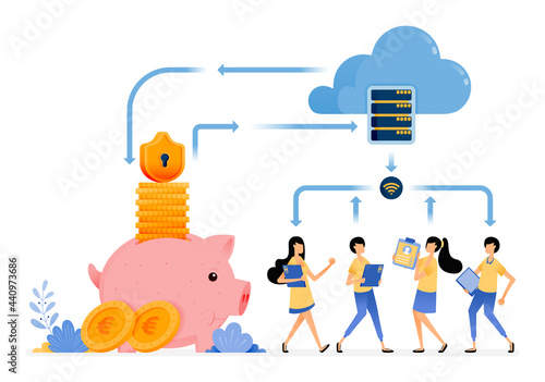 Vector Design of Security Financial services with cloud database technology. protection of transaction activity data. illustration Can be for websites, posters, banners, mobile apps, web, social media