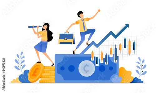 Vector Design of increase candle sticks investments in financial sector. secondary market trading. piles of coins. illustration Can be for websites, posters, banners, mobile apps, web, social media