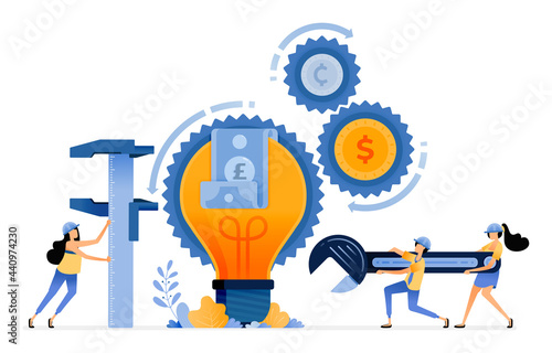 Vector Design of improve financial services. innovation ideas in banking technology. money comes out of light bulb. illustration Can be for websites, posters, banners, mobile apps, web, social media