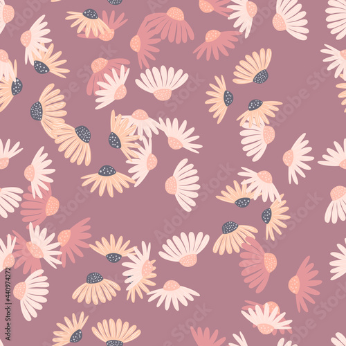 Creative floral nature seamless pattern with random little daisy flowers ornament. Purple pastel background.