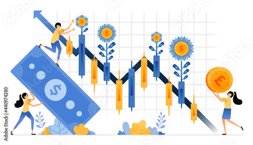 Vector Design of capital gain harvest on investments in financial stocks. secondary market candlestick fluctuations. illustration Can be for websites, posters, banners, mobile apps, web, social media