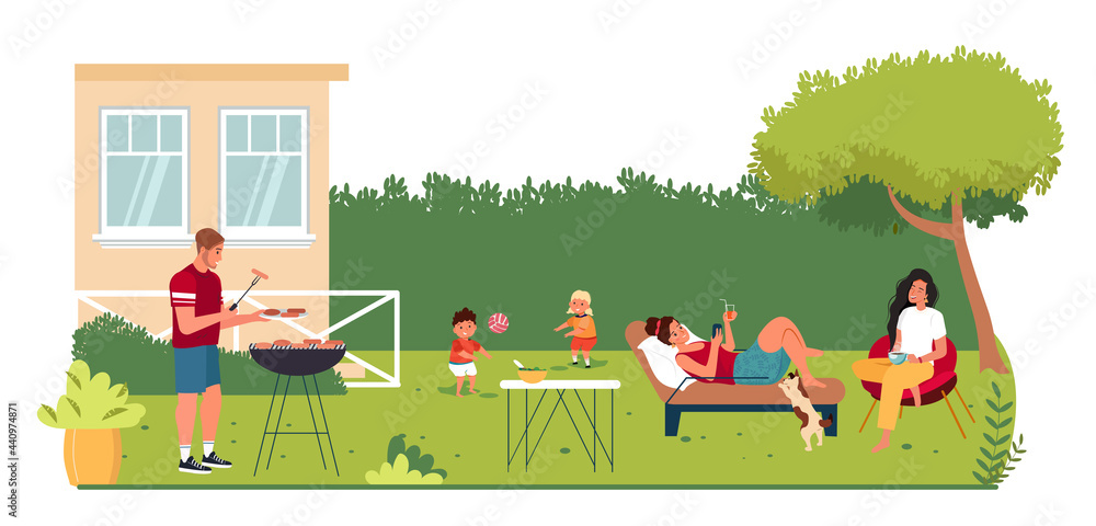 Naklejka premium Happy family or friends with kids spending time in backyard at barbecue party or picnic. Mother, father and children performing recreational activities in garden. Flat cartoon vector illustration.