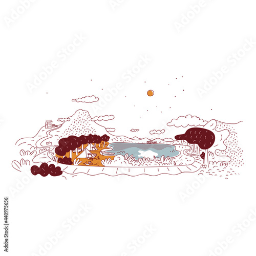 山&湖がある風景イラスト