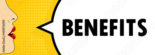 Benefits. Female mouth with red lipstick screaming. Speech bubble with text Benefits. Retro comic style. Can be used for business, marketing and advertising. Vector EPS 10