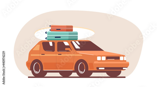 Car with luggage and surfboard on the roof isolated. Vector flat illustration.