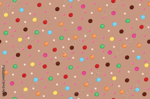 Seamless pattern with pastry sprinkles and dragees on a beige background.