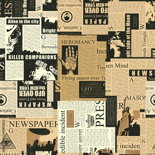 Abstract seamless pattern with a collage of old newspaper clippings. Vector background with unreadable text, headlines and illustrations in retro style. Wallpaper design, wrapping paper or fabric