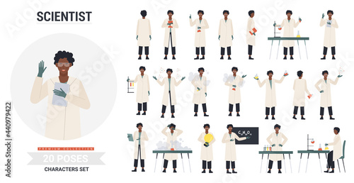 African american black scientist poses vector illustration set. Cartoon man character wearing lab coat, posing in scientific laboratory with science equipment, different gestures emotion