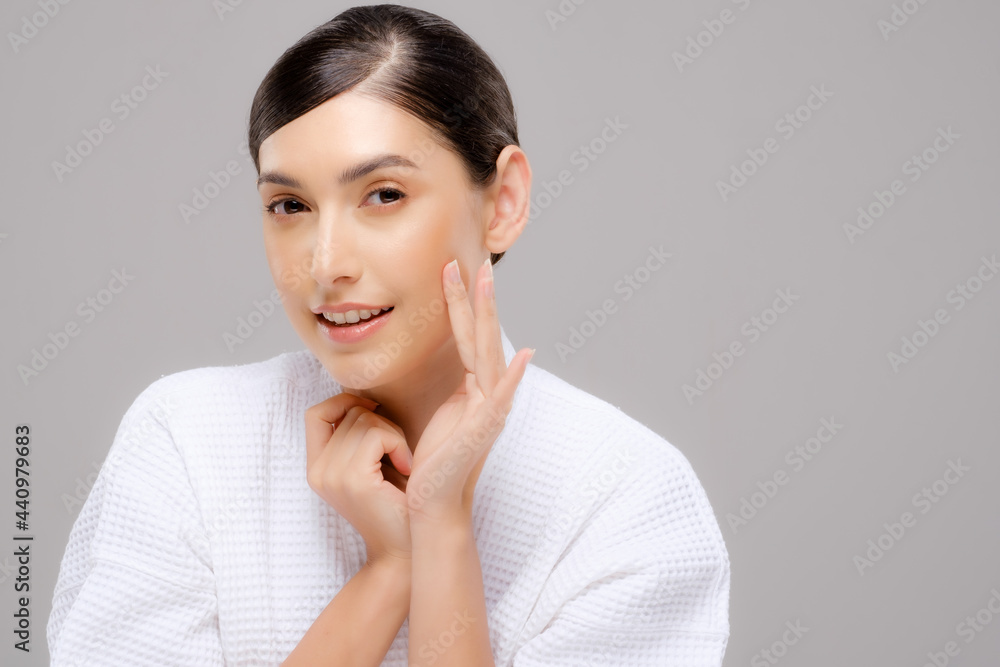 Beauty asian face young beautiful woman skin natural make up. close up fpretty portrait spa and salon in bathing suit. beautiful skin care cosmetic concept.Gray background. Smile happy mood. Beauty asian face young beautiful woman skin natural make up. close up fpretty portrait spa and salon in bathing suit. beautiful skin care cosmetic concept.Gray background. Smile happy mood.