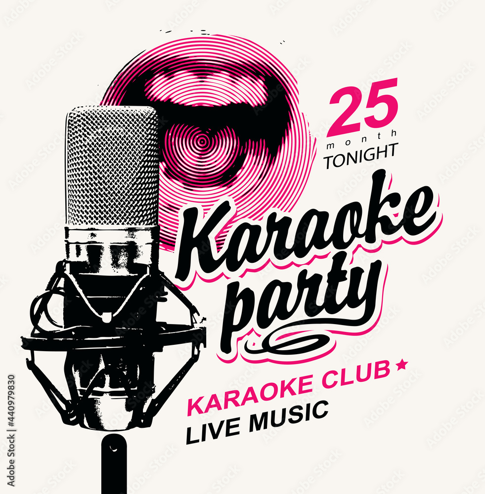 Vector music poster or banner for karaoke party with a singing mouth, a studio microphone and a calligraphic inscription on a light background. Suitable for advertising poster, flyer, invitation - obrazy, fototapety, plakaty 