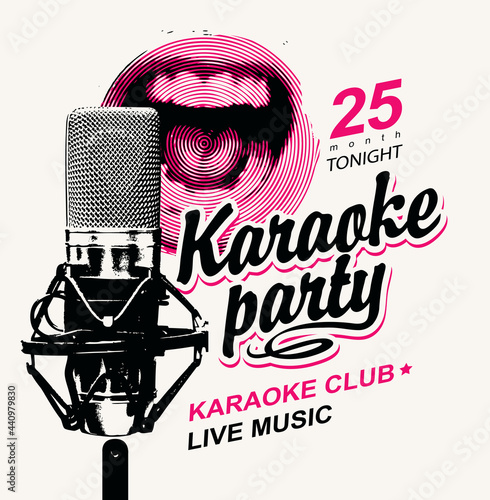 Vector music poster or banner for karaoke party with a singing mouth, a studio microphone and a calligraphic inscription on a light background. Suitable for advertising poster, flyer, invitation photo