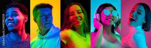 Happiness. Portraits of group of people on multicolored background in neon light, collage.