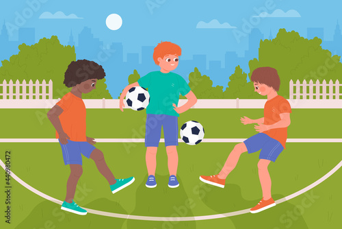 Kids play ball, soccer healthy sport activity vector illustration. Cartoon happy player characters have fun, funny boys children playing football together on sports field in schoolyard background