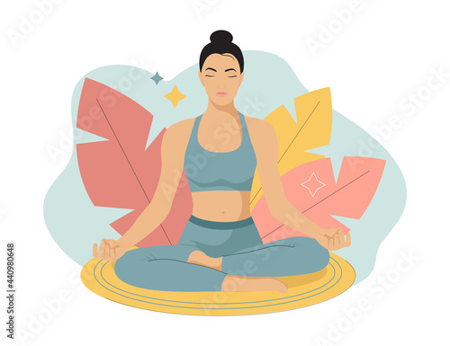 Yoga. Healthy lifestyle. Fitness. Woman doing yoga  sitting in the lotus position. Vector illustration