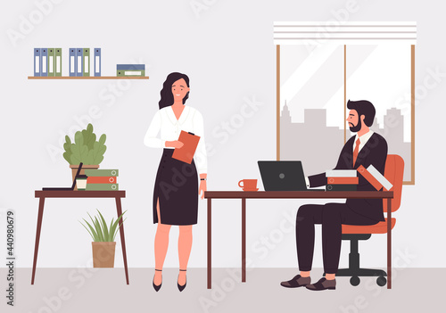 People work in director office of modern company vector illustration. Cartoon corporate boss businessman character sitting at desk with laptop, business lady standing with documents background