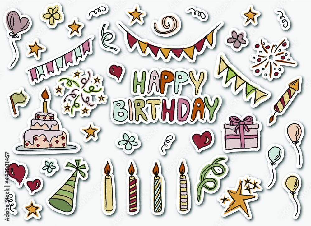 Obraz premium Birthday colorful stickers set in doodle style. Party and holiday design with balloons, gifts, fireworks, ribbon, confetti, cake, stars, candles. Hand drawn illustrations