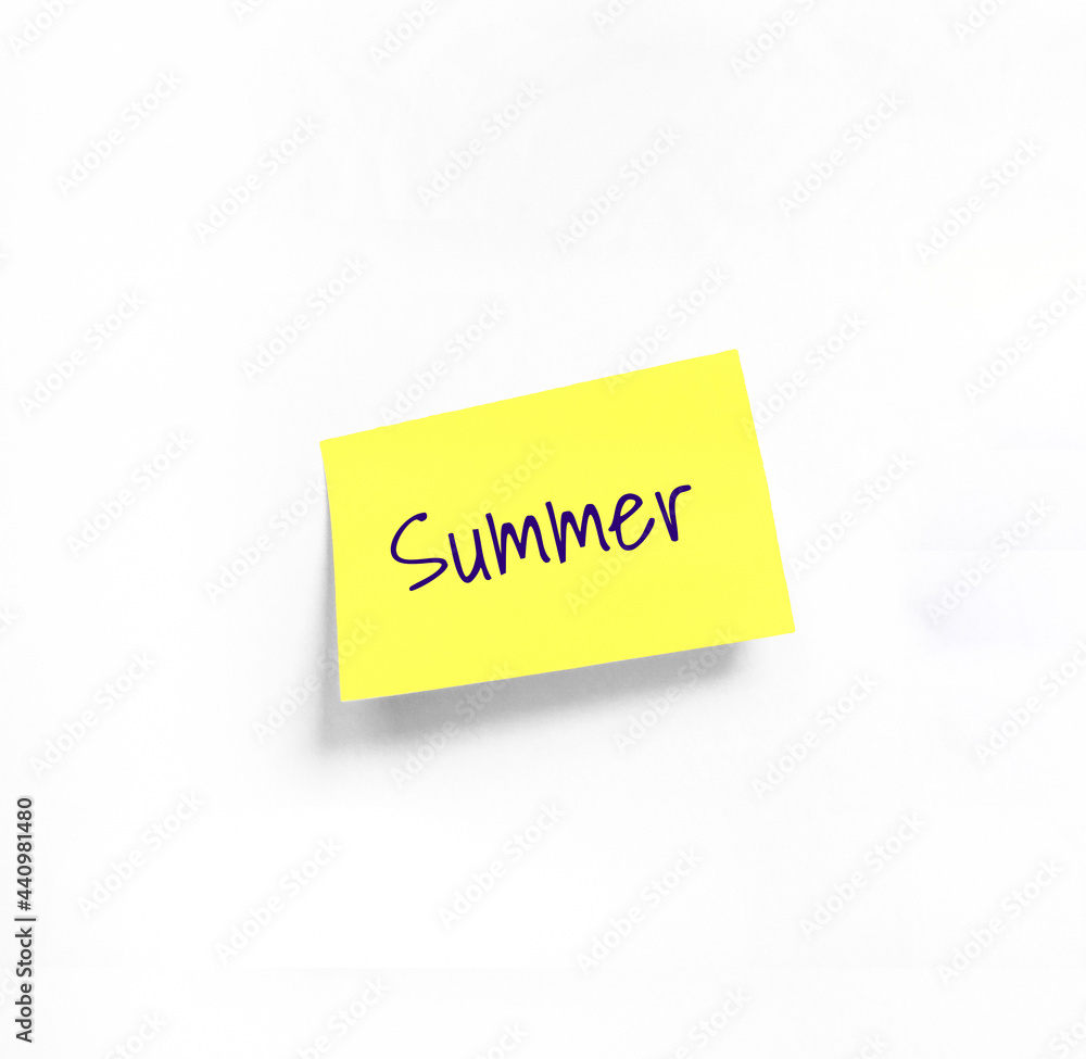 Isolated Yellow sticker with Summer Handwriting text on white Whatman paper. Concept programming, testing, business. Handwriting text, copy space Isolated Yellow sticker with Summer Handwriting text on white Whatman paper. Concept programming, testing, business. Handwriting text, copy space
