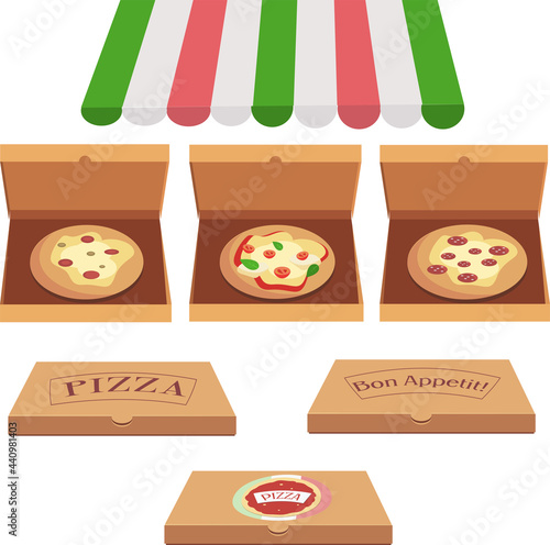 Set of three pizzas and three closed pizza boxes