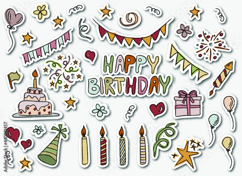 Birthday colorful stickers set in  doodle style. Party and holiday design with balloons, gifts, fireworks, ribbon, confetti, cake, stars, candles. Hand drawn illustrations