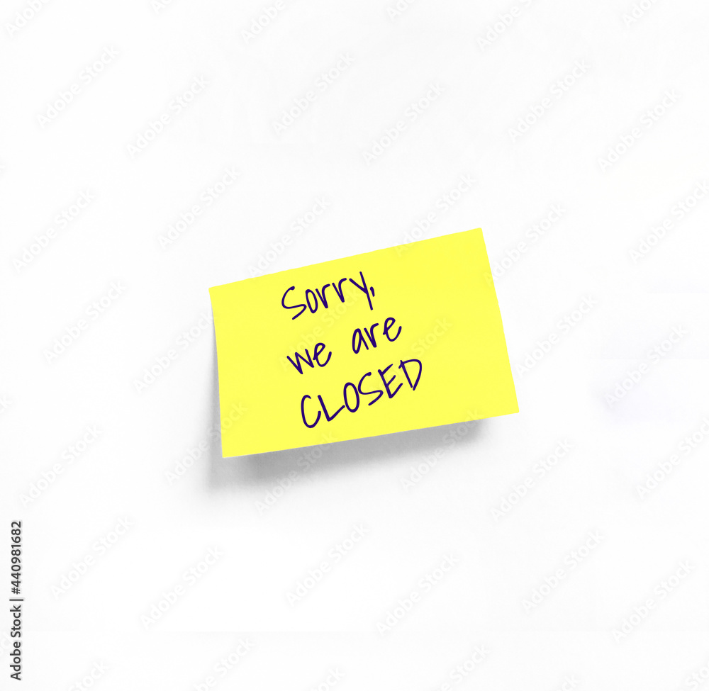 Concept programming, testing, business. Handwriting text, copy space. Isolated Yellow sticker with Sorry we are closed Handwriting text on white Whatman paper. Concept programming, testing, business. Handwriting text, copy space. Isolated Yellow sticker with Sorry we are closed Handwriting text on white Whatman paper.