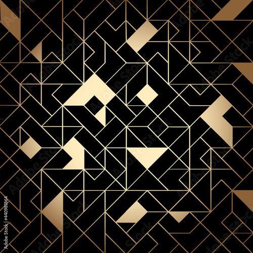 Golden and black art deco seamless pattern background with shiny lines and shapes