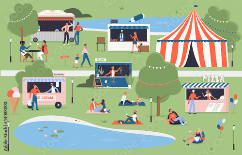 Fototapeta Naklejka Na Ścianę i Meble -  City food festival event in village, city park vector illustration. Cartoon summer map of market with family people have fun and walk, listening to music, buying pizza, ice cream and books background