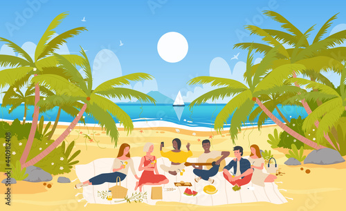 People friends on picnic party, summer tropical sea beach vector illustration. Cartoon seaside scenery with boy girl characters sitting together, playing guitar, taking selfies, drinking background