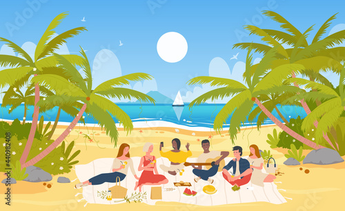 People friends on picnic party  summer tropical sea beach vector illustration. Cartoon seaside scenery with boy girl characters sitting together  playing guitar  taking selfies  drinking background