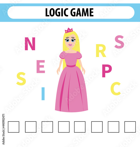 Worksheet for preschool kids.Words puzzle educational game for children. Place the letters in right order. Cute illustration of logic puzzle game for study English. Find the correct places	

