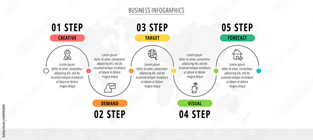 Line minimal infographics timeline with five steps. Chart process template. Modern vector for company or corporate business project and presentation
