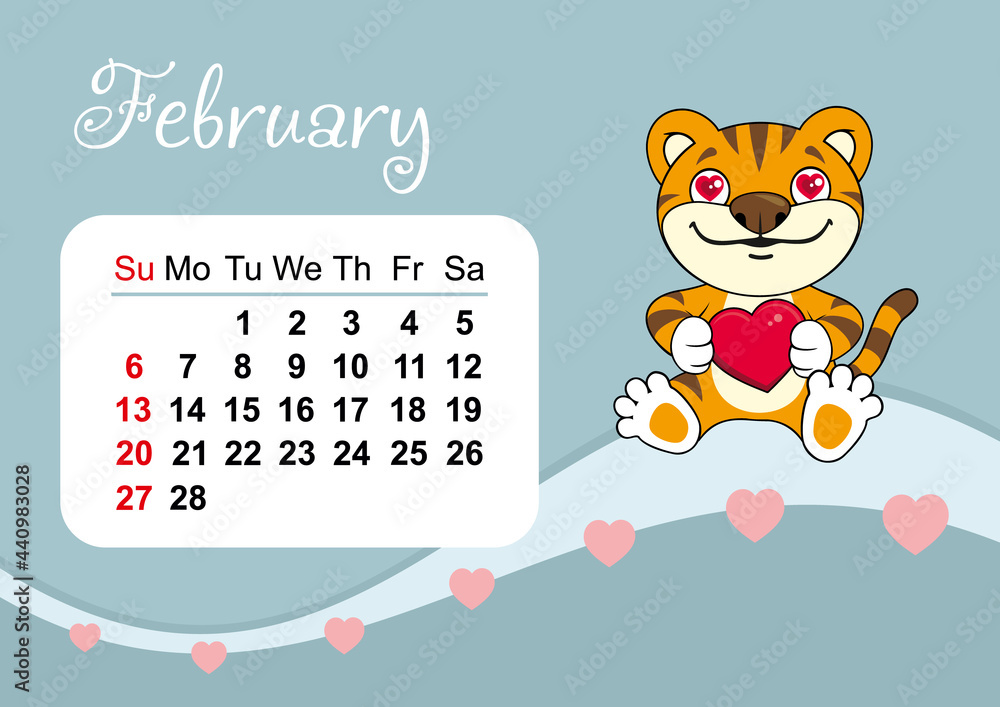 Wall calendar template for February 2022 in Englih. Year of the tiger to the Eastern Chinese calendar. Cute tiger in flat design. Week start in Sunday. In size A4 Wall calendar template for February 2022 in Englih. Year of the tiger to the Eastern Chinese calendar. Cute tiger in flat design. Week start in Sunday. In size A4