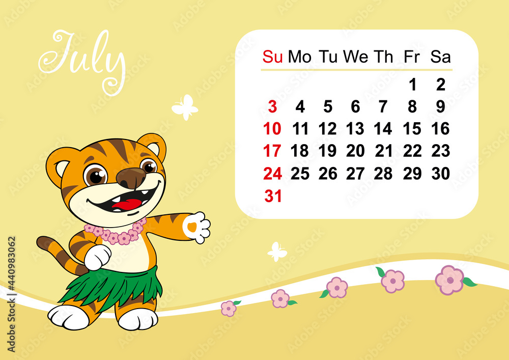 Fototapeta premium Wall calendar template for July 2022 in Englih. Year of the tiger to the Eastern Chinese calendar. Cute tiger in flat design. Week start in Sunday. In size A4
